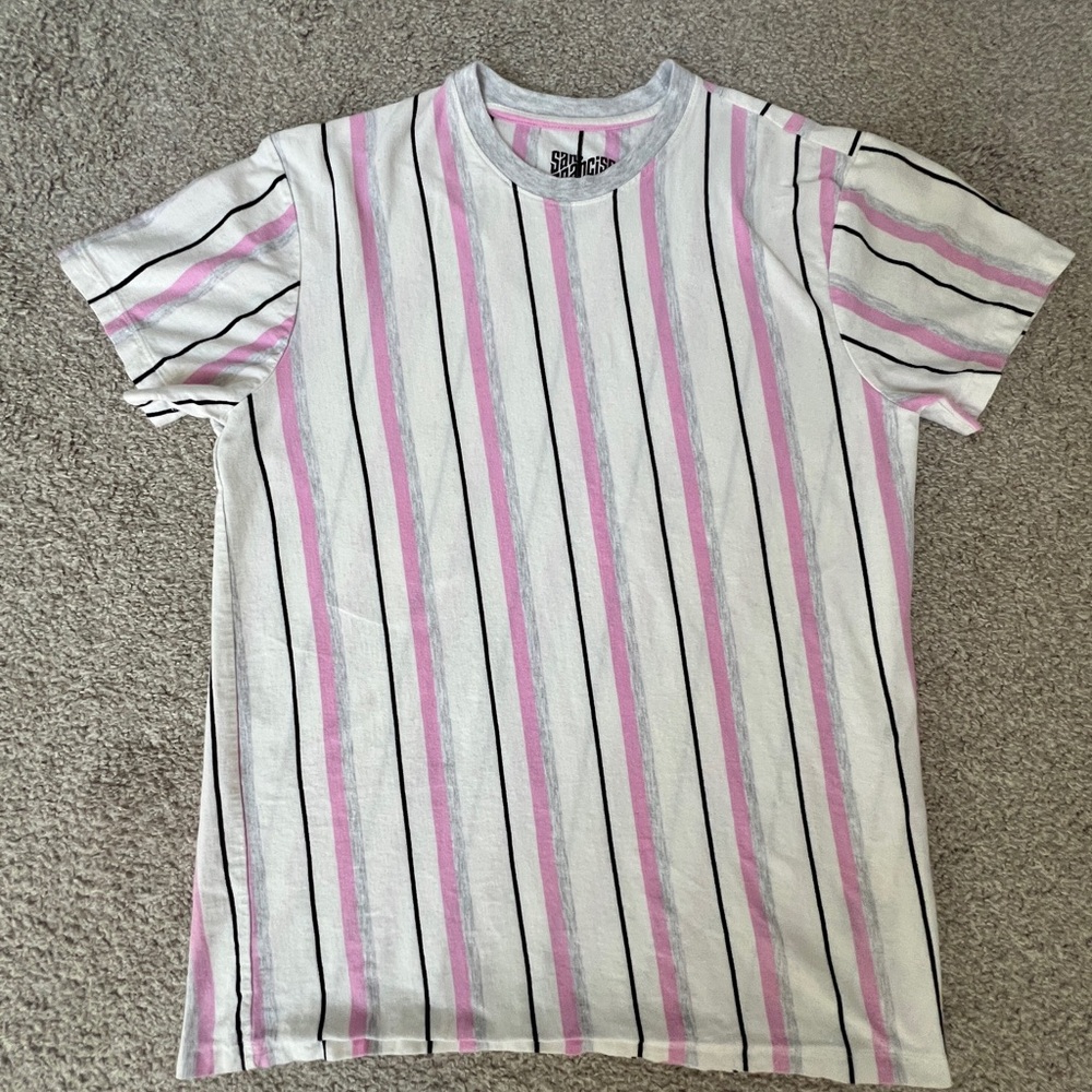 Men’s Vertical Striped Short Sleeve Tee - Pink, Gray and White, 100 % cotton